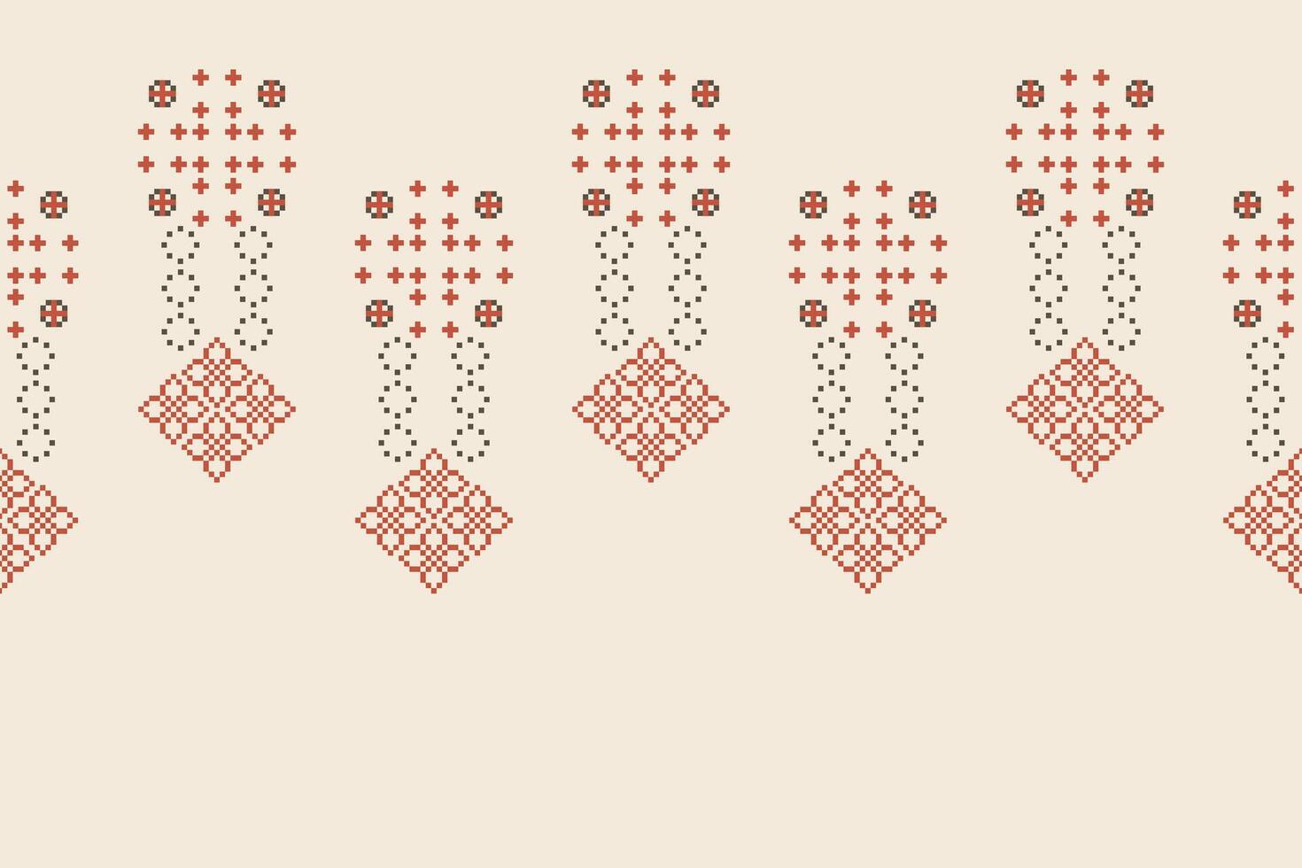 Traditional ethnic motifs ikat geometric fabric pattern cross stitch.Ikat embroidery Ethnic oriental Pixel brown cream label background. Abstract,illustration. Texture,decoration,wallpaper. vector