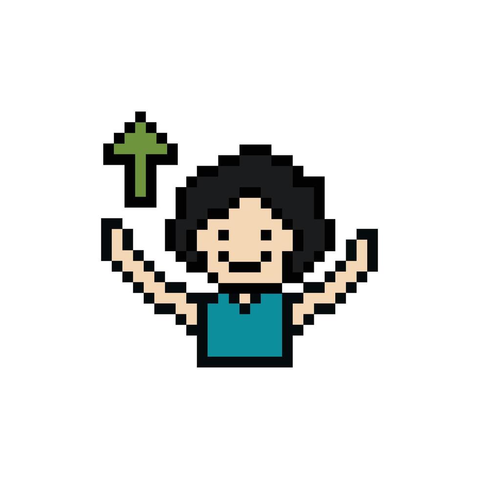 Cute pixel cartoon 8bit character man raise hand up happy with smile face lifestyle decoration 8 bit male boy happy face isolated. vector