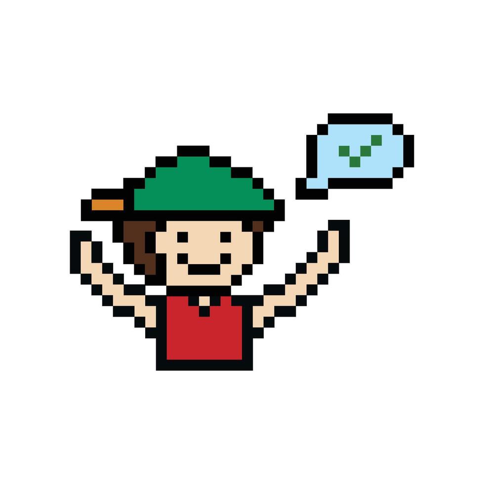 Cute pixel cartoon 8bit character man raise hand up happy with smile face lifestyle decoration 8 bit male boy happy face isolated. vector