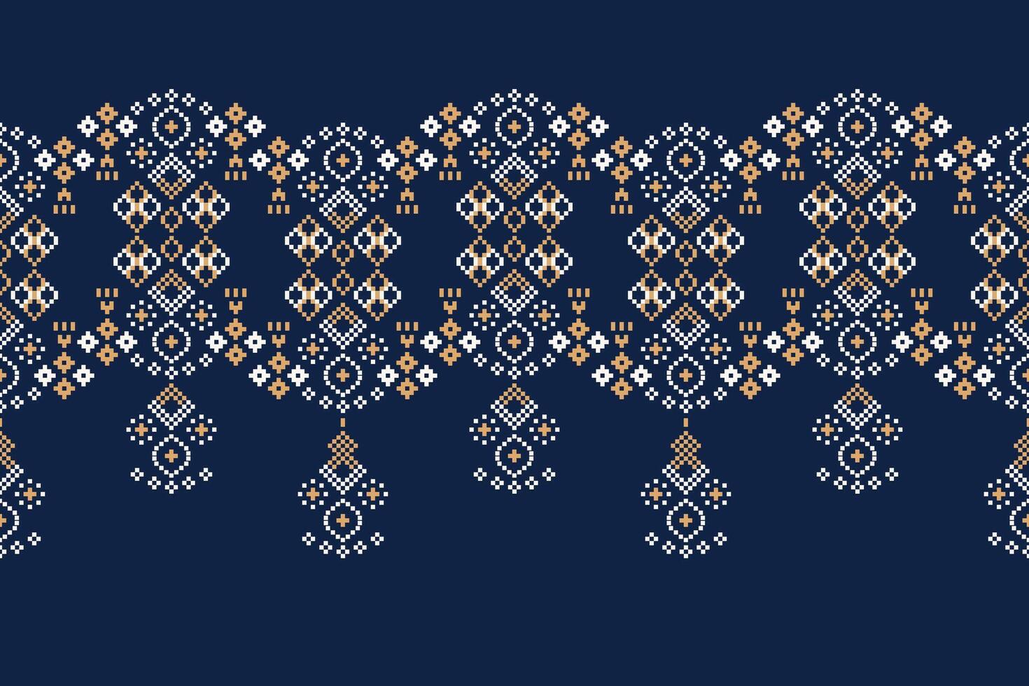Traditional black ethnic motifs ikat geometric fabric pattern cross stitch.Ikat embroidery Ethnic oriental Pixel blue background.Abstract,illustration. Texture,decoration,wallpaper. vector