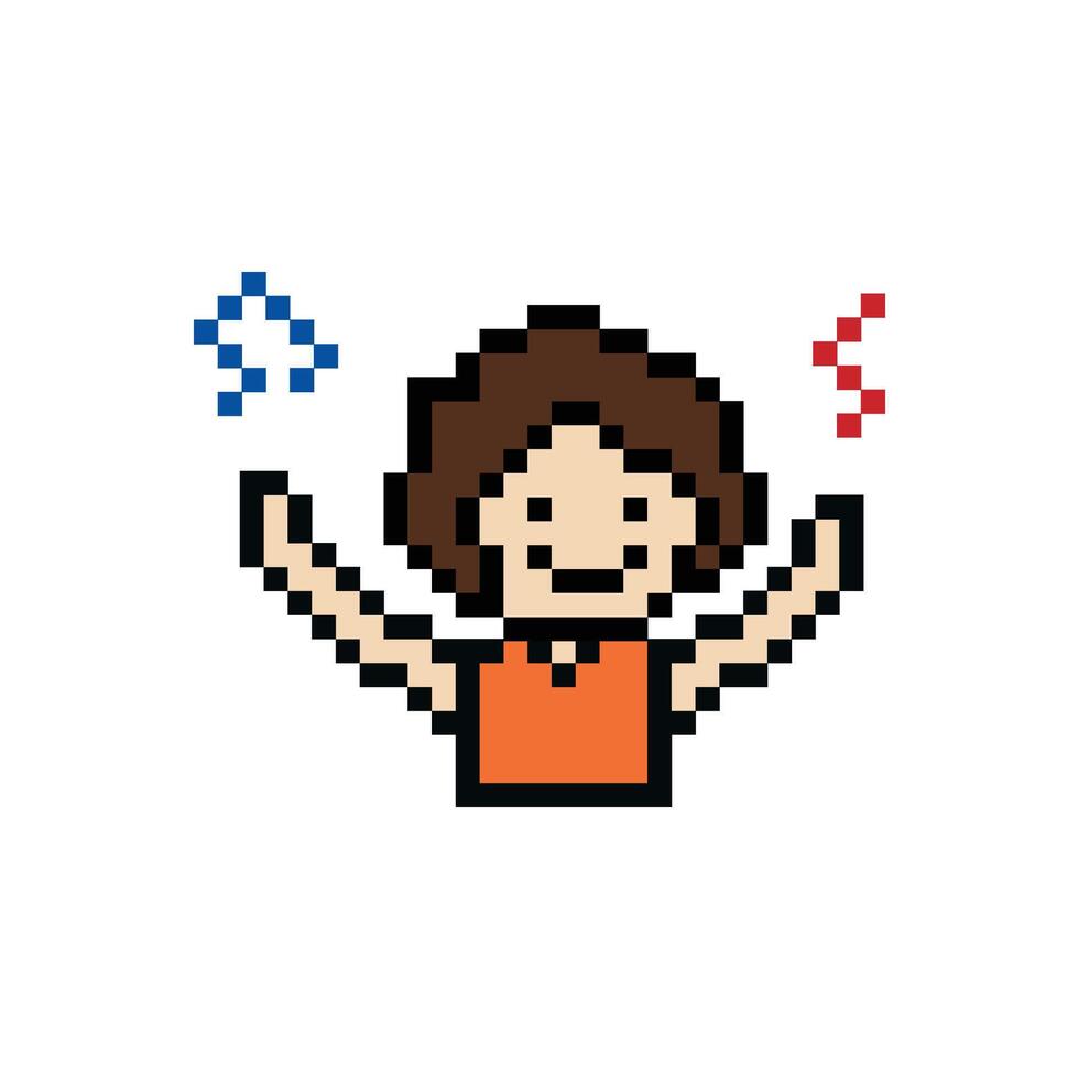 Cute pixel cartoon 8bit character man raise hand up happy with smile face lifestyle decoration 8 bit male boy happy face isolated. vector