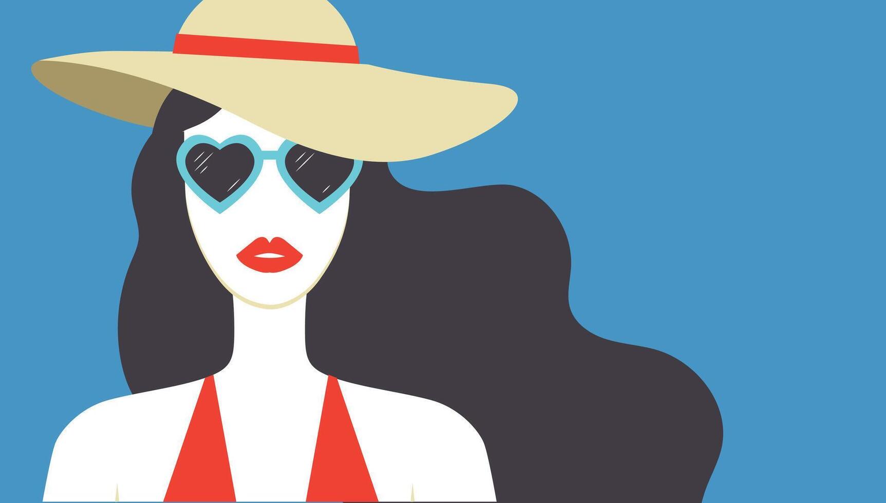 Young woman with red lips wearing hat and heart shaped sunglasses. Summer fashion poster vector