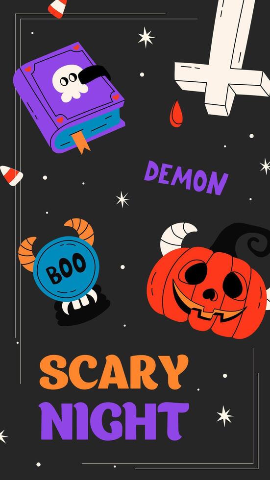 Happy Halloween poster or party flyer. Cute flat cards with book, pumpkin, cross and Halloween wishes. Trendy design for ads, greetings, banner, poster, cover vector