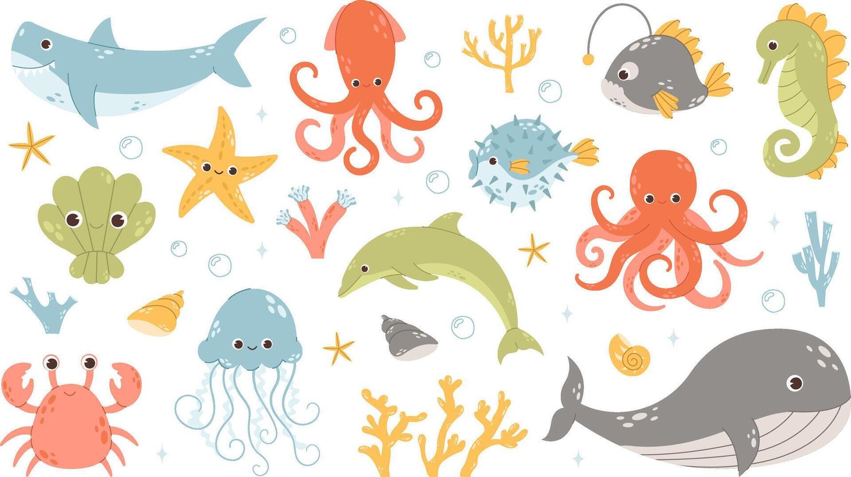 Set with hand drawn sea life elements in flat style. doodle cartoon set of sea life objects for your design. Underwater marine fauna vector