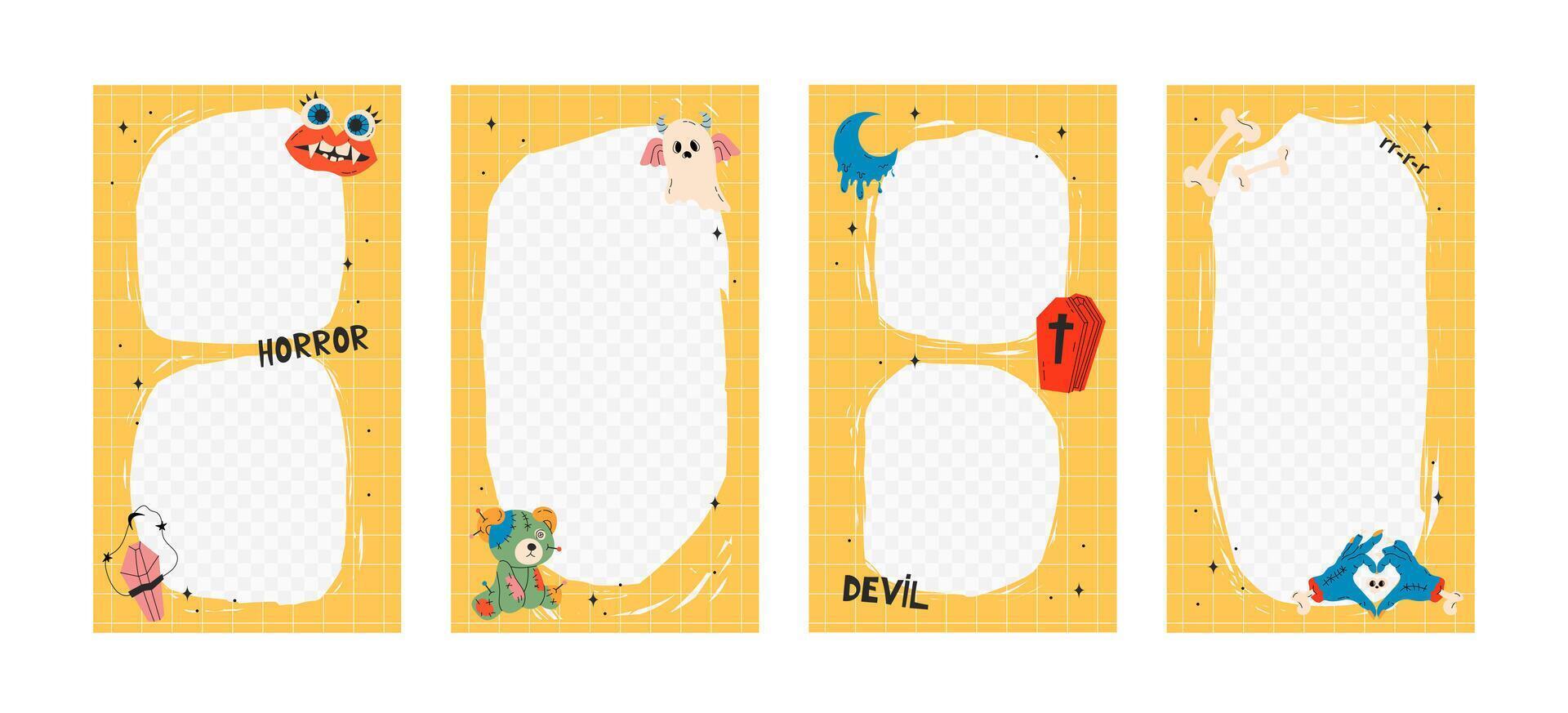 Cute Happy Halloween story template. Business card with the history of Halloween. Social media set. Story invitation template. Instagram stories with cute illustrations vector