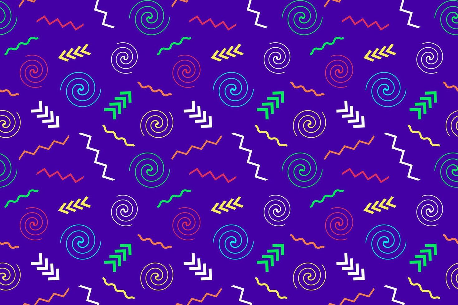 Colorful seamless Memphis pattern with geometric shapes, arrows, and zigzags on a purple background. Ideal for textile, print, and digital use. vector
