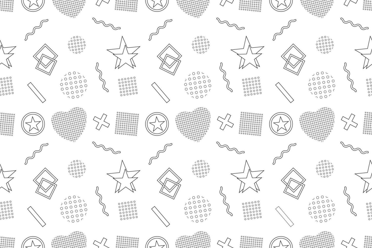 A seamless Memphis style retro pattern with abstract geometric shapes and lines in black and white, ideal for coloring pages and creative projects. vector