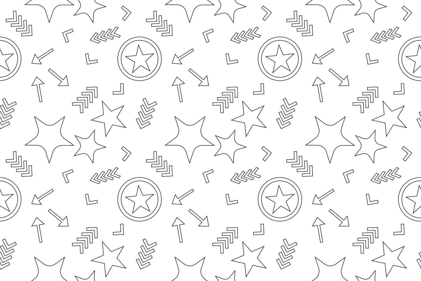 A Memphis style retro coloring page featuring geometric shapes, stars, and arrows. Perfect for creative, fun, and nostalgic design projects. vector
