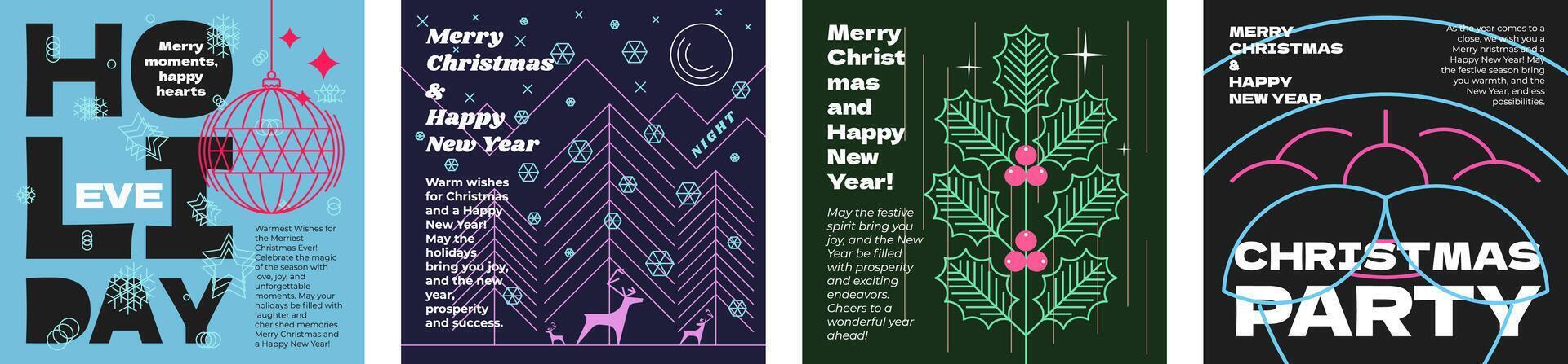 Merry Christmas and Happy New Year holiday party night minimal style abstract linear graphic square banner set. Celebration mistletoe branch and reindeer decoration print. Modern trendy art eps design vector
