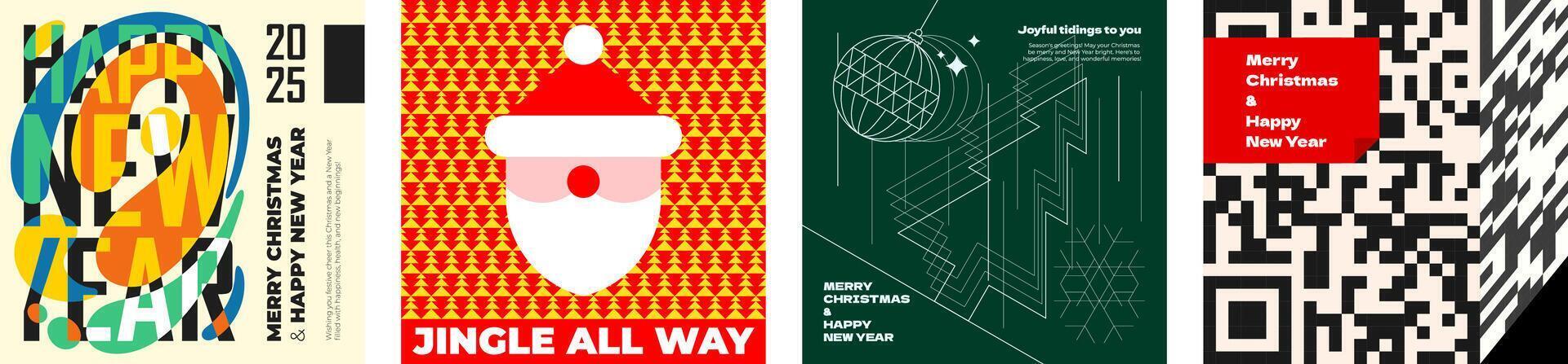 Merry Christmas and Happy New Year holiday party abstract style graphic square banner set. Santa Claus and fir tree on winter december celebration eve decoration print. Modern trendy art eps design vector