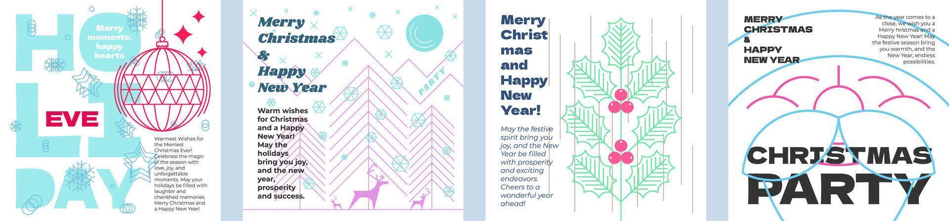 Merry Christmas and Happy New Year holiday abstract style graphic square banner set. Linear smiling Santa Claus and mistletoe branch on winter celebration eps greeting card. Modern trendy reindeer art vector