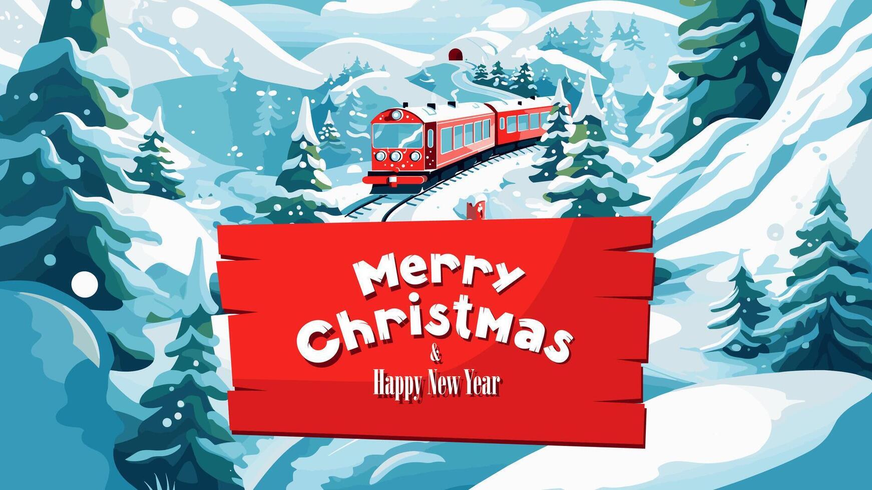 Merry Christmas and Happy New Year party train on horizontal greeting card. Polar express bring gifts in snowy landscape. Xmas traditional holiday eve banner. Winter december celebration eps postcard vector