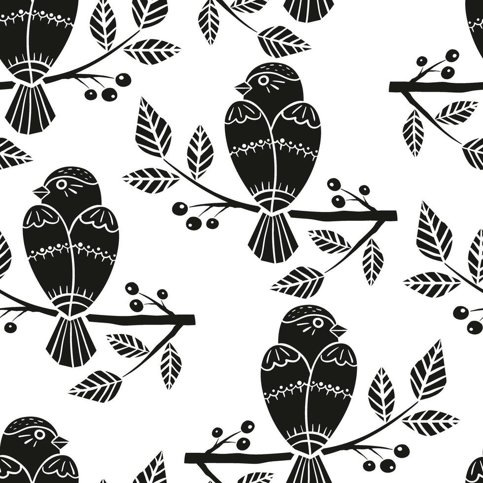 Seamless pattern Spring bird sitting on a branch with flowers and berries in linocut style vector