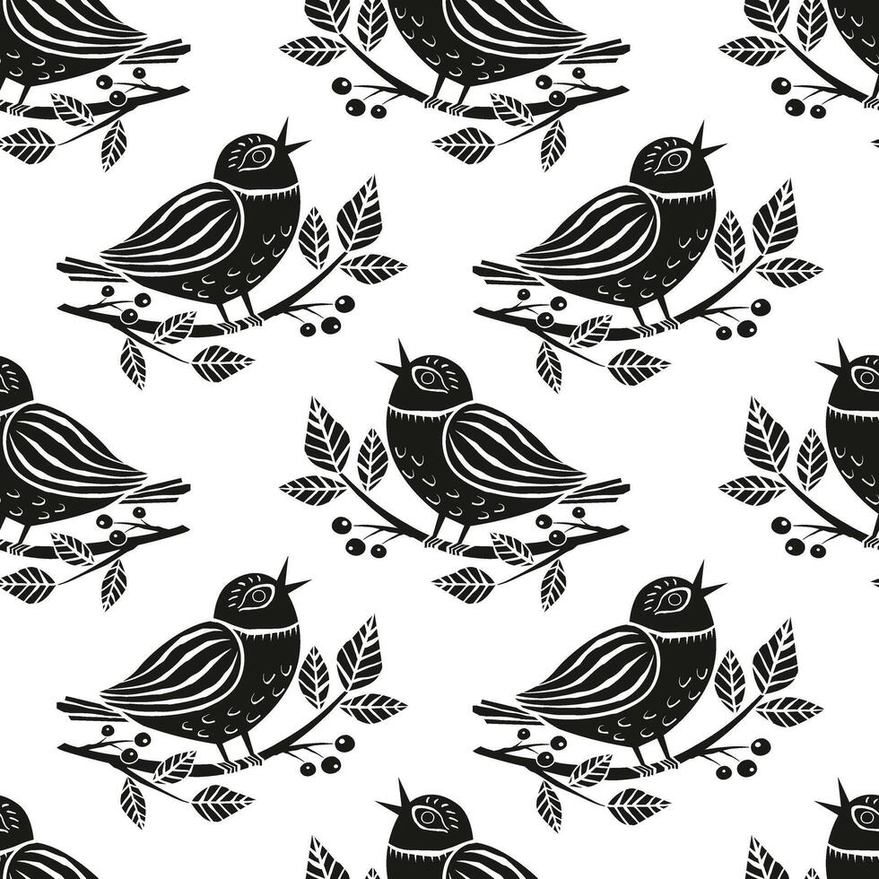 Seamless pattern Spring bird sitting on a branch with flowers and berries in linocut style vector