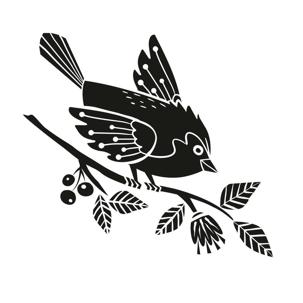 Spring bird sits on a branch with flowers and berries in linocut style vector
