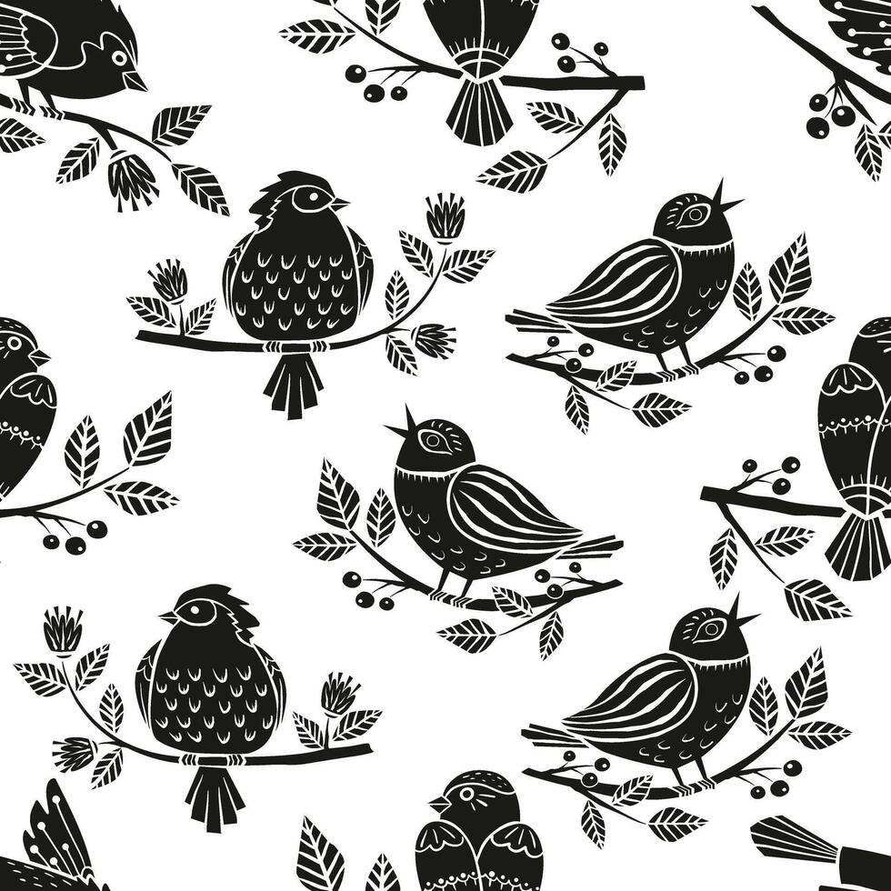 Seamless pattern Spring bird sitting on a branch with flowers and berries in linocut style vector