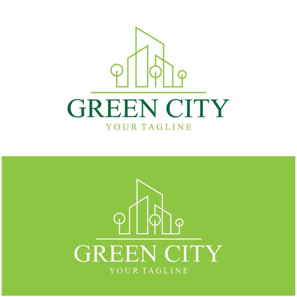 green and healthy modern city with leaf logo design for business, property, building, eco city, future city, architect, environmentally friendly vector