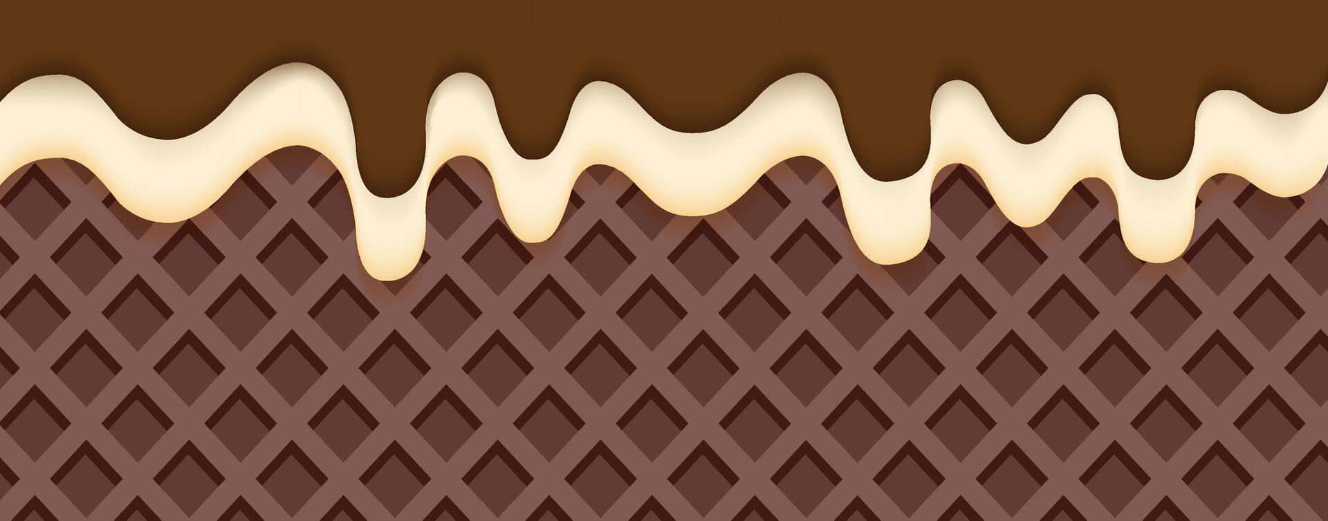 Delicious Chocolate Waffle and Cream Drip Background. vector