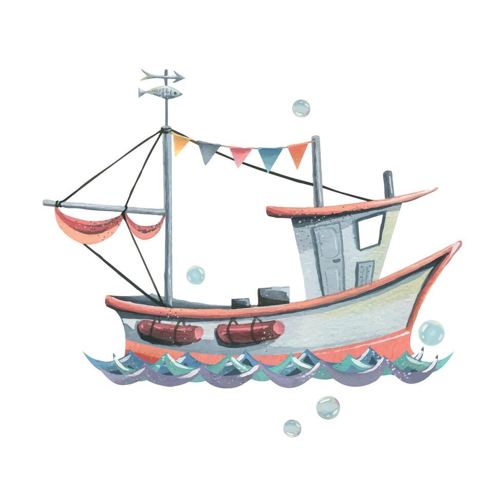 A fishing boat with a mast, a garland of flags and sails floating on waves with bubbles. Hand drawn watercolor illustration on the theme of sea fishing. Composition isolated from the background. vector