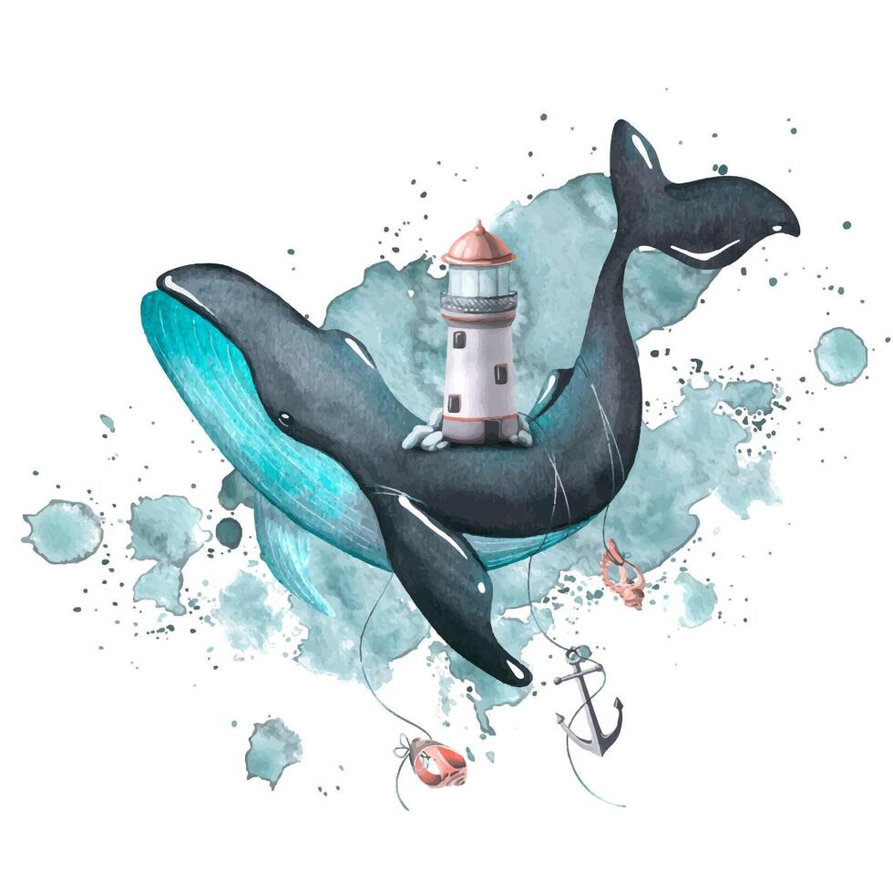 A black and turquoise whale with a lighthouse on its back, with an anchor and shells on the background of a watercolor spot. Watercolor illustration. Composition from the collection of WHALES. vector