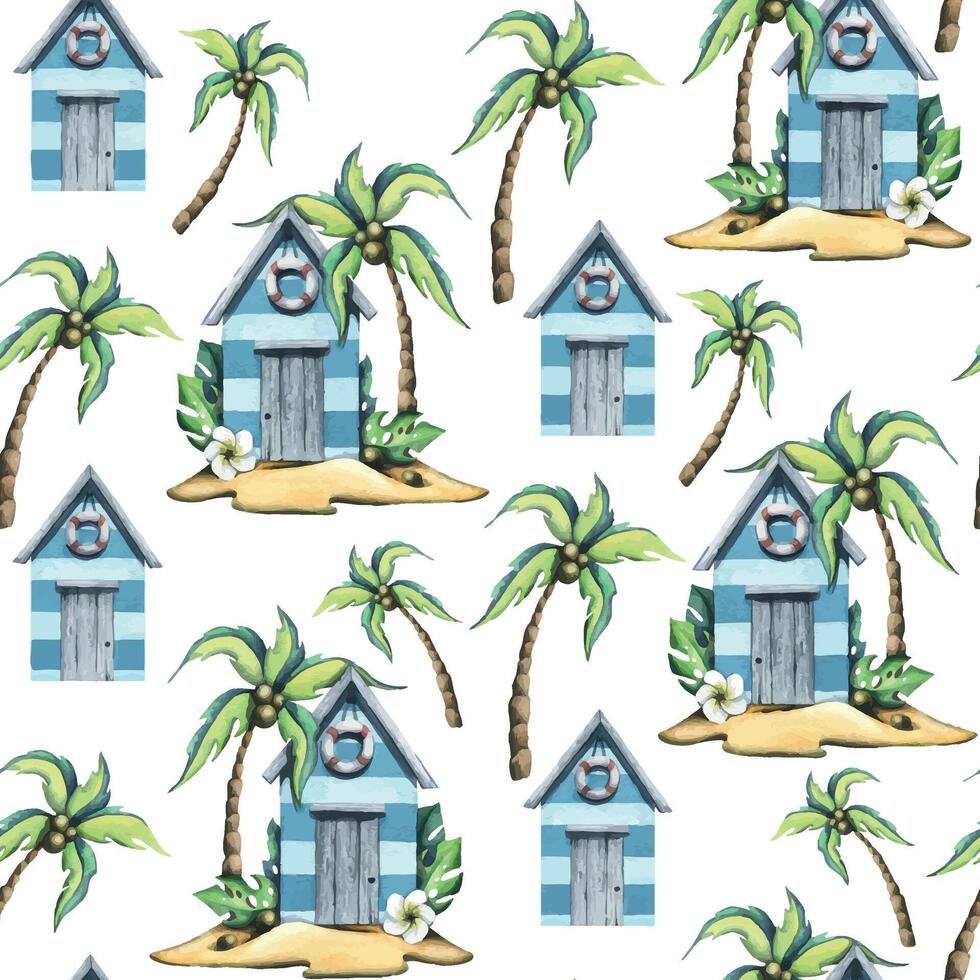 A tropical island with a beach house, a lifebuoy, coconut palms, leaves, coconuts. Watercolor illustration. Seamless pattern on a white background. For fabric, textiles, wallpaper, packaging, covers. vector