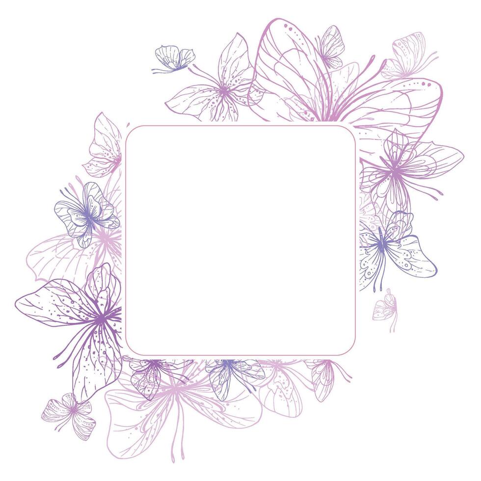 Butterflies are pink, blue, lilac, flying, delicate line art. Graphic illustration hand drawn in pink, lilac ink. Square frame, template EPS vector