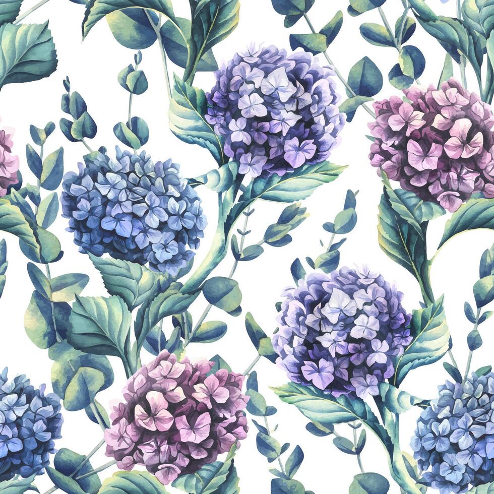 Hydrangea flowers of blue, lilac and pink flowers with eucalyptus branches on a white background. Watercolor illustration. Seamless pattern from the WEDDING FLOWERS collection. For decoration, design vector