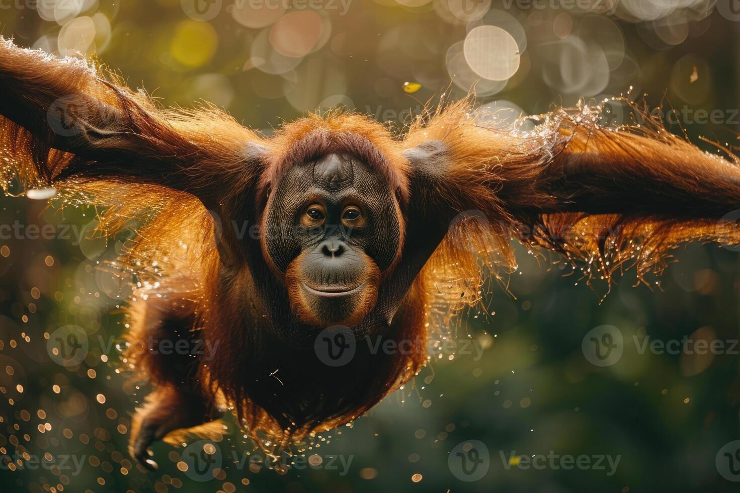 Male orangutan clings to a tree branch, basking in the bright sunlight that filters through the lush green leaves of a tropical forest, showcasing nature's beauty and vitality. photo