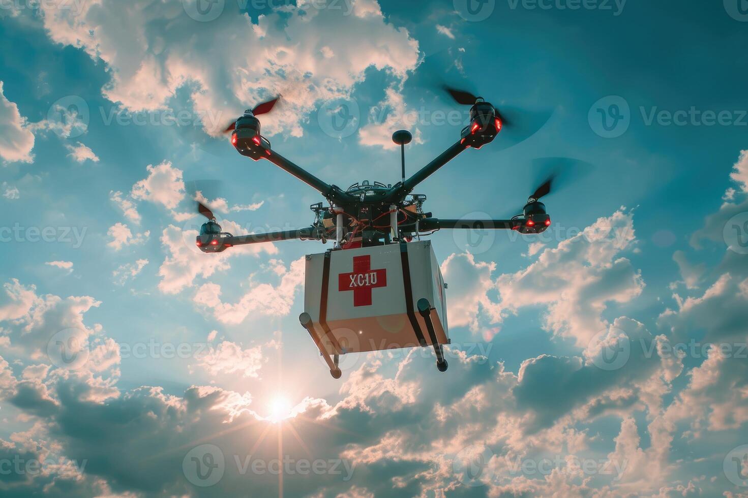 A drone carrying a medical package with a red cross symbol against a sky background. photo