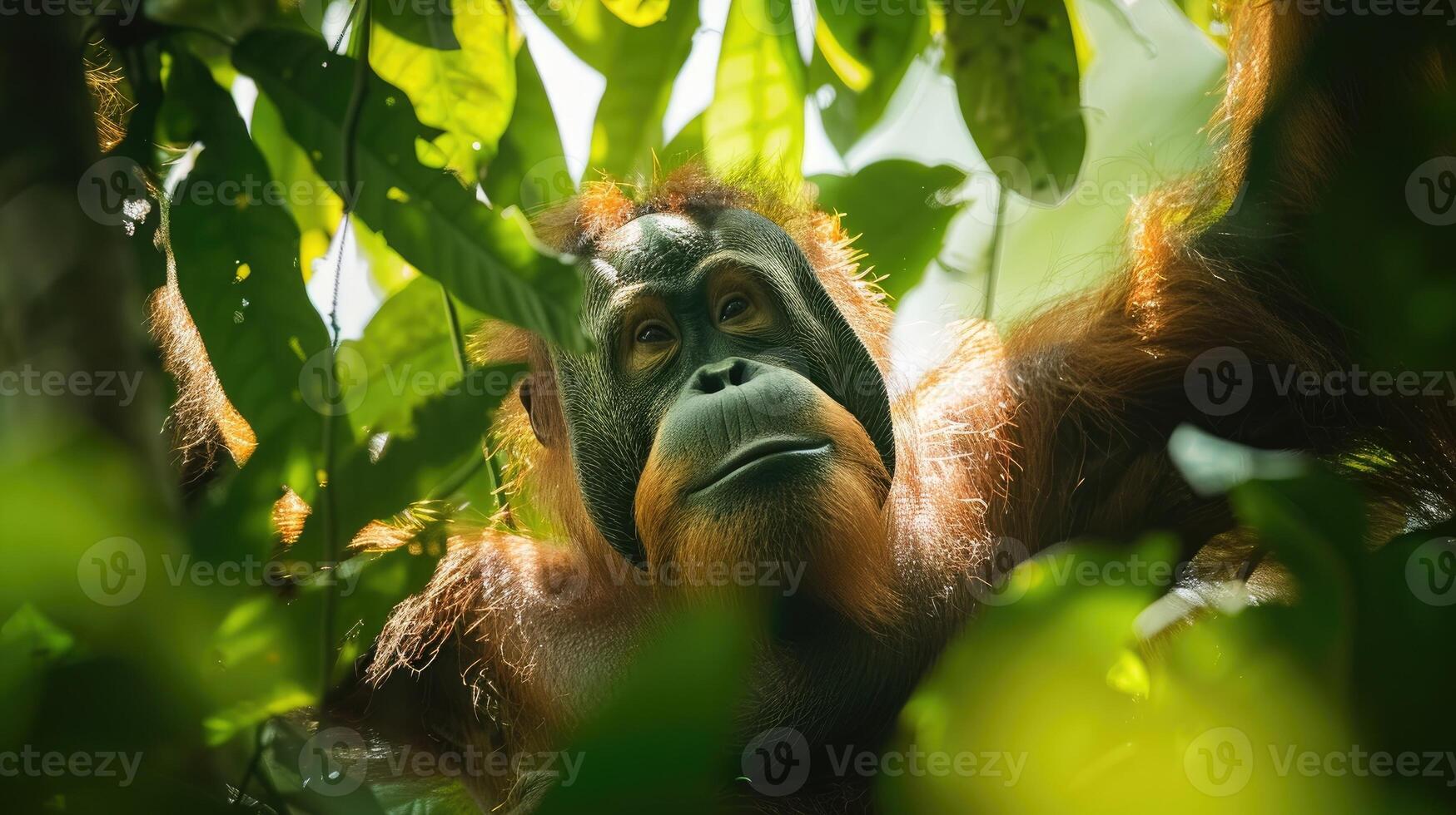 Male orangutan clings to a tree branch, basking in the bright sunlight that filters through the lush green leaves of a tropical forest, showcasing nature's beauty and vitality. photo