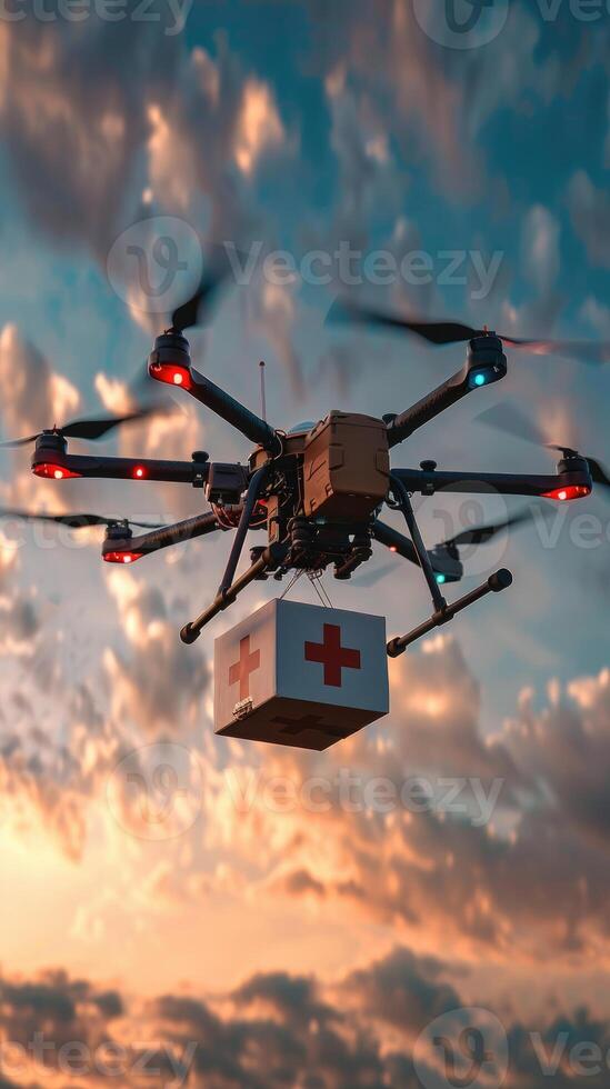 A drone carrying a medical package with a red cross symbol against a sky background. photo