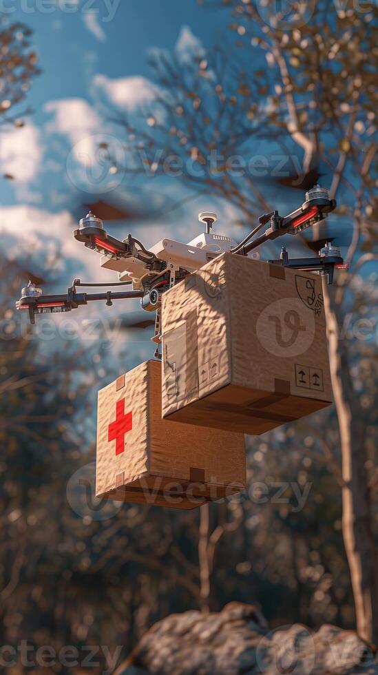 A drone carrying a medical package with a red cross symbol against a sky background. photo