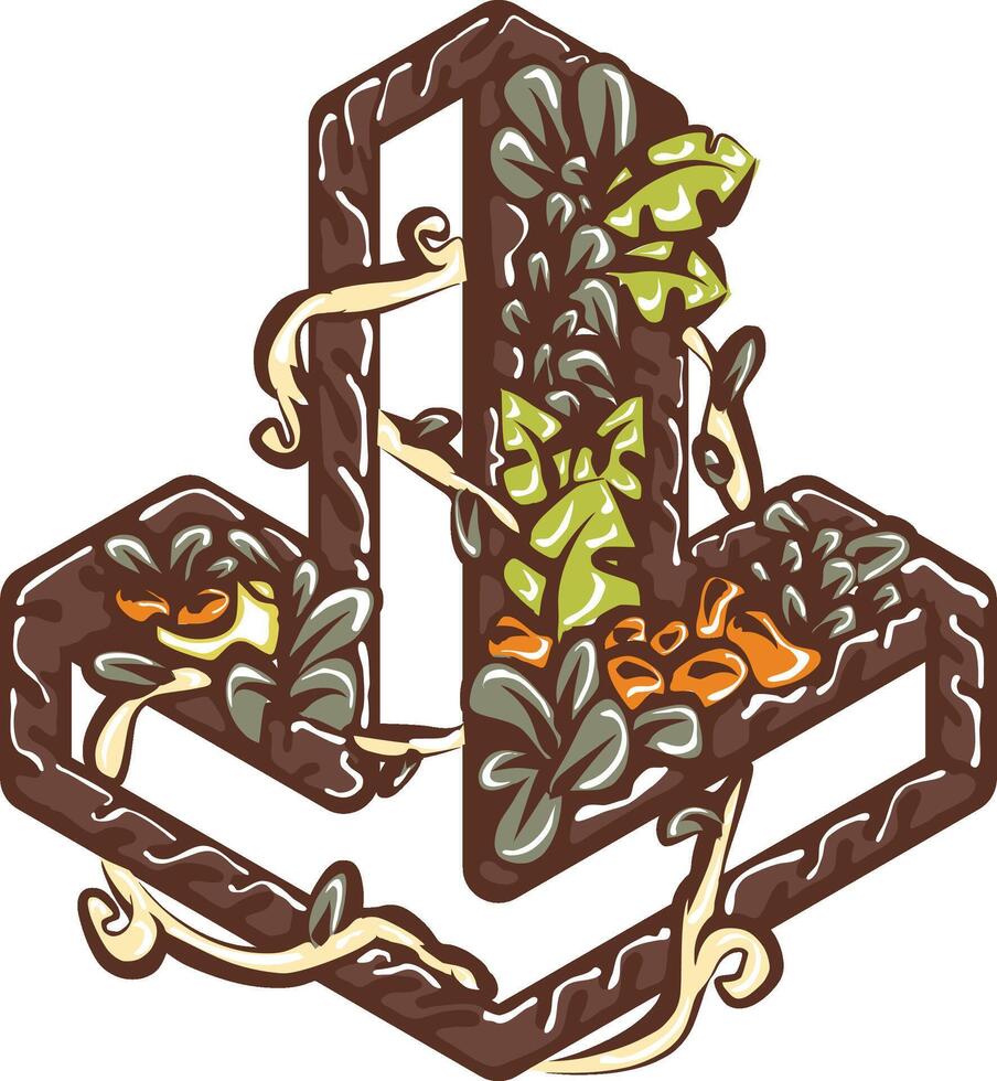 Brown Floral Down Arrow and Downward Icon with Vines vector