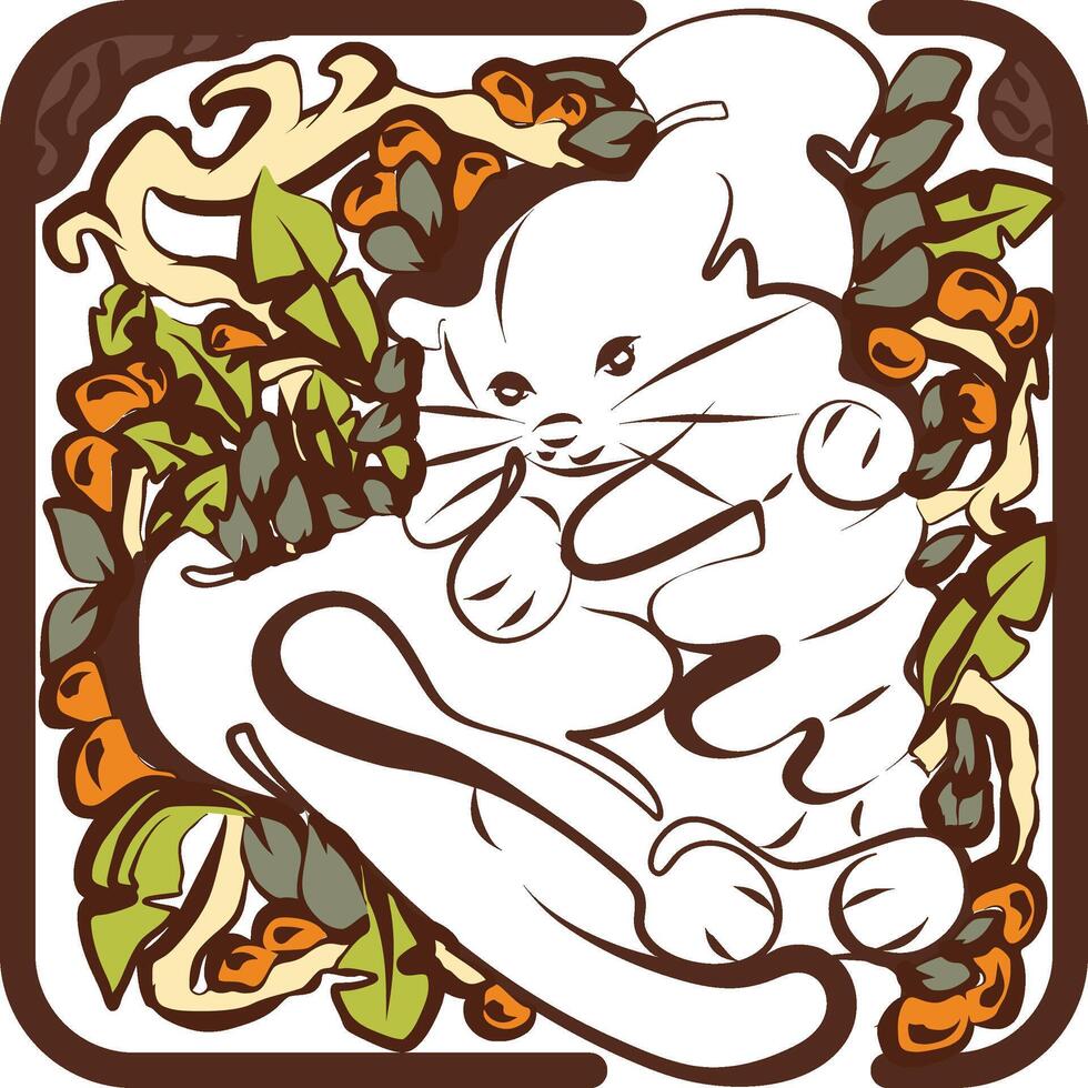 Floral Meowing Kitten for Cat Lovers with Leaves vector