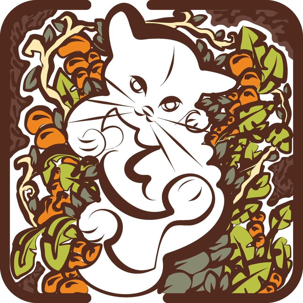 Floral Curled Up Kitten for Cat Lovers with Leaves vector