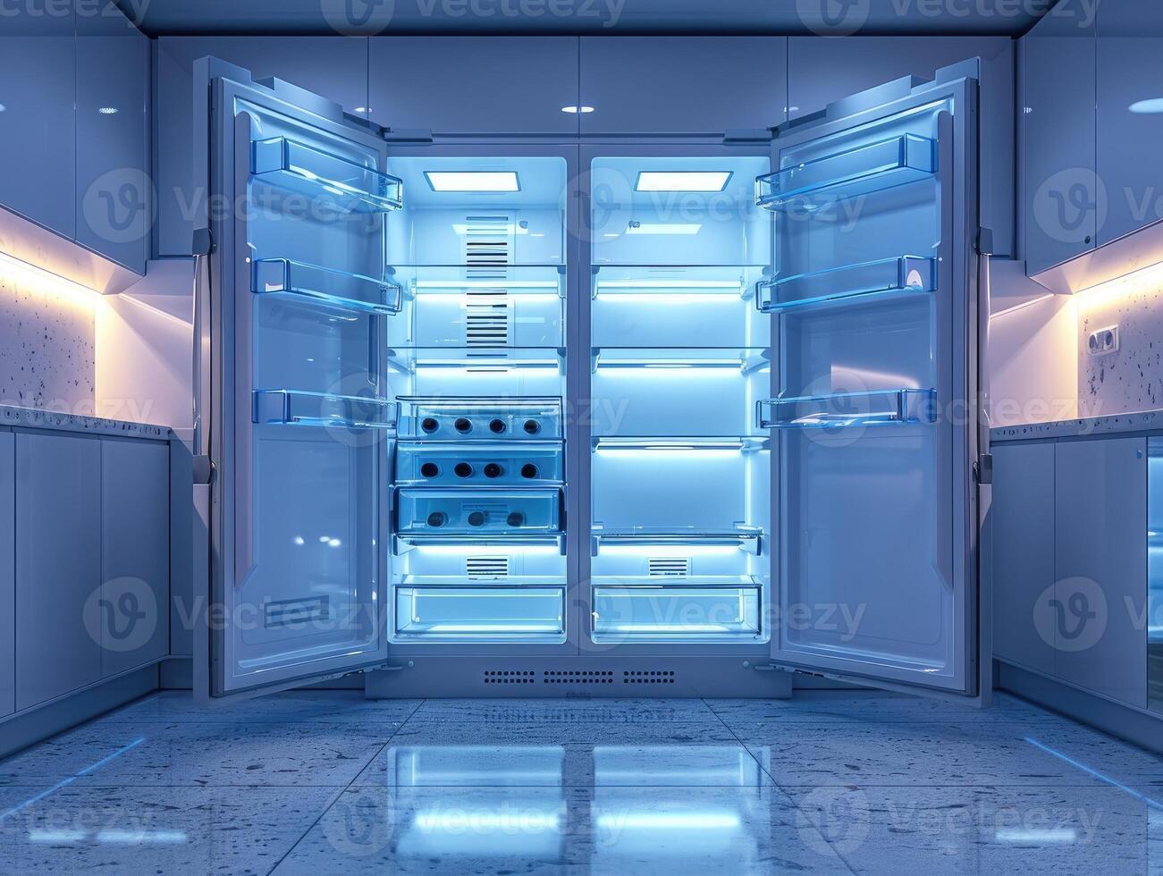 Modern empty refrigerator with open door photo