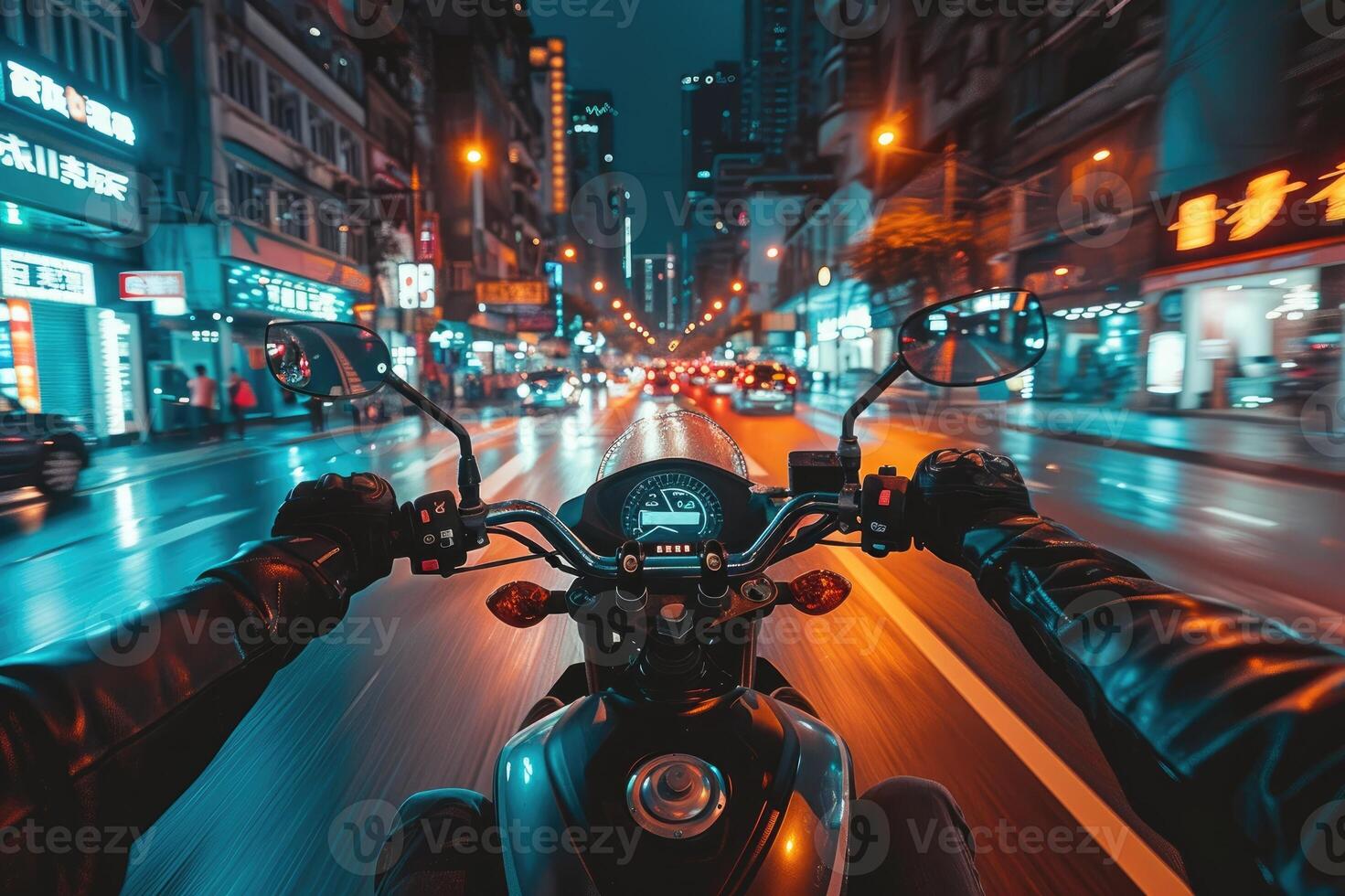 A rider's perspective on a motorcycle navigating through a bustling city street at night photo