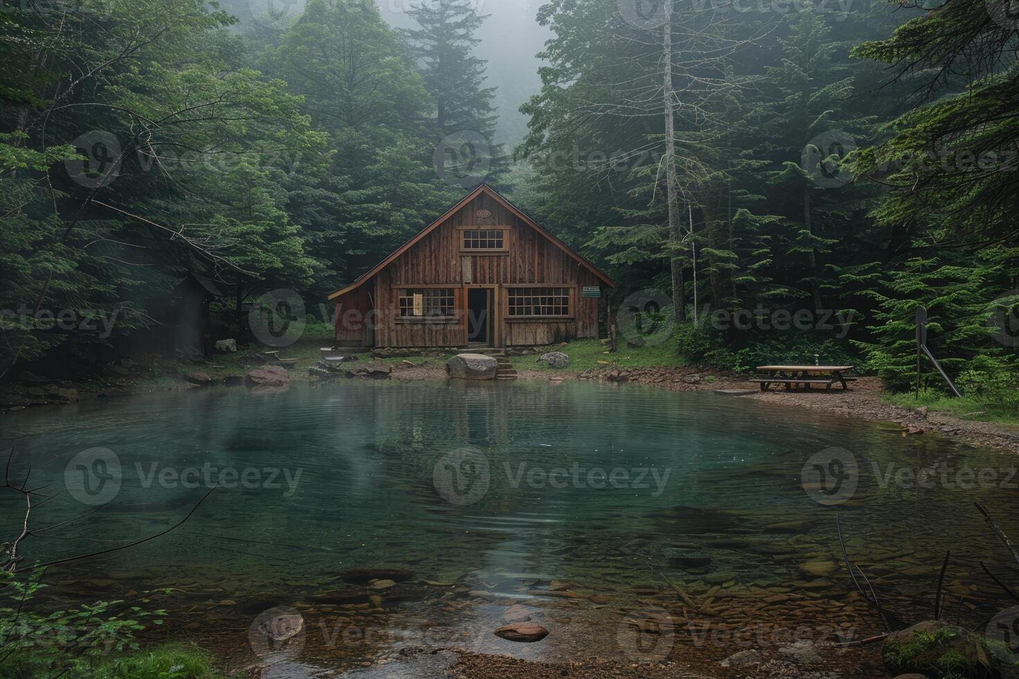 A log cabin sits peacefully by a crystal-clear stream in a dense forest, with people swimming in the water. The peaceful surroundings evoke tranquility and relaxation. photo