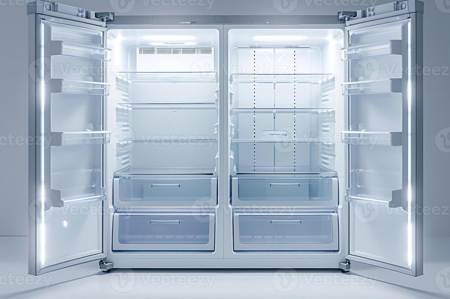 Modern empty refrigerator with open door photo