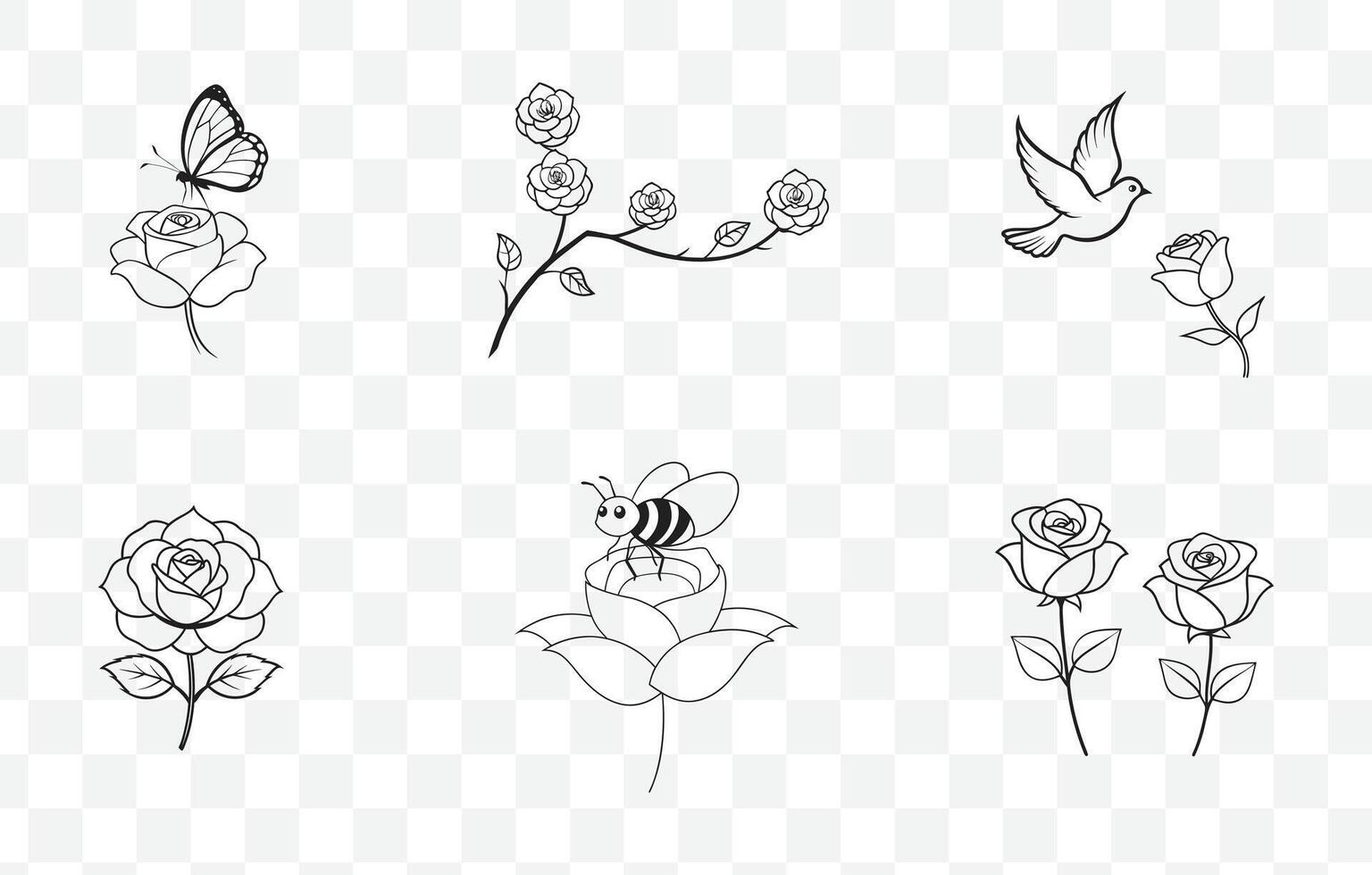 Print Exquisite Rose Line Art Set Detailed Botanical Illustrations for Elegant Designs and Creative Projects vector