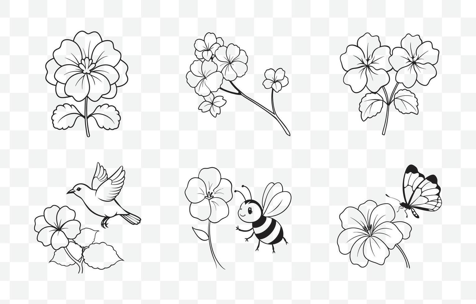 Print Collection of Elegant Geranium Flower Line Art Illustrations vector