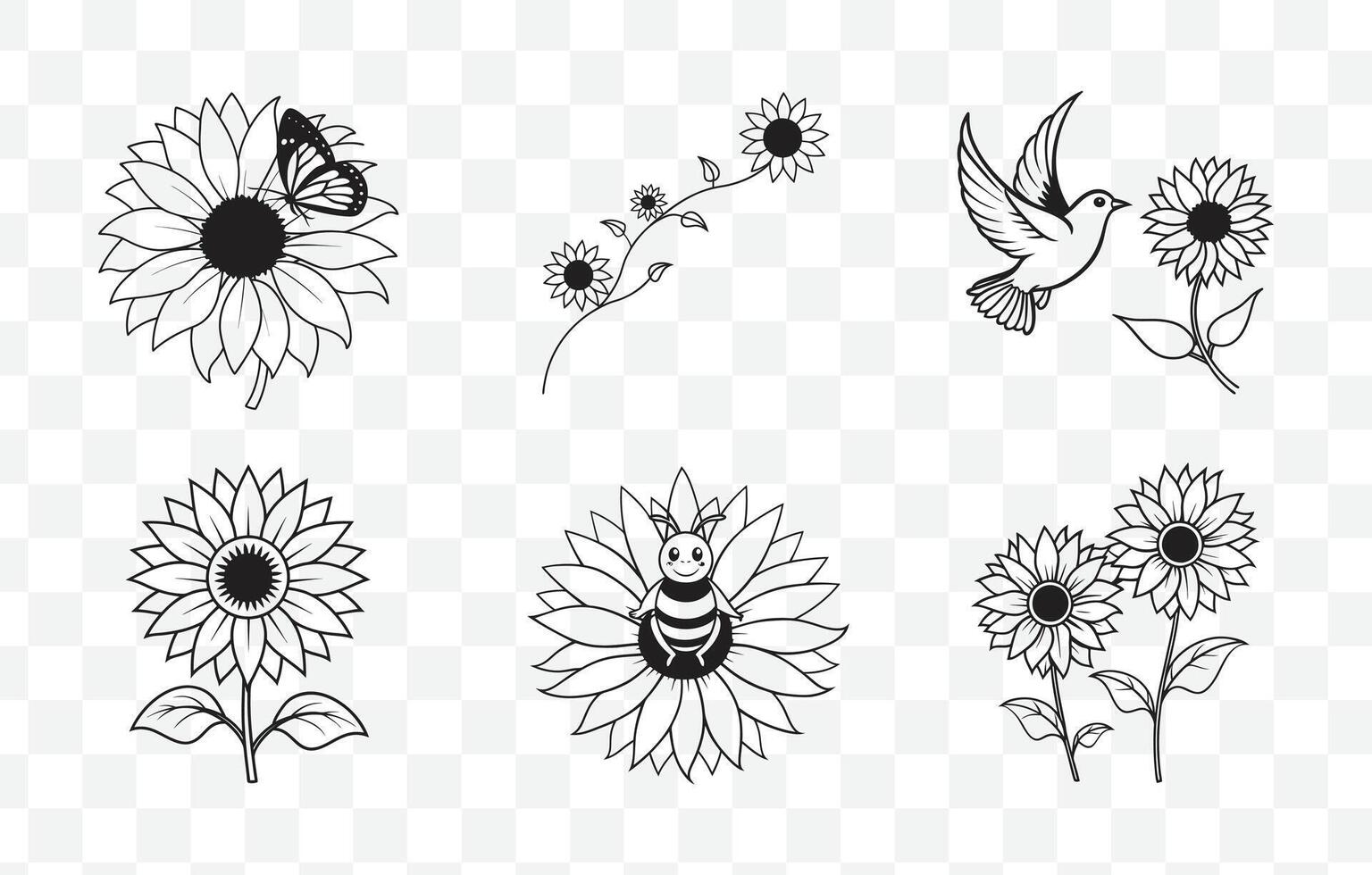 Print Elegant Sunflower Line Art Set for Stunning Botanical Illustrations and Designs vector