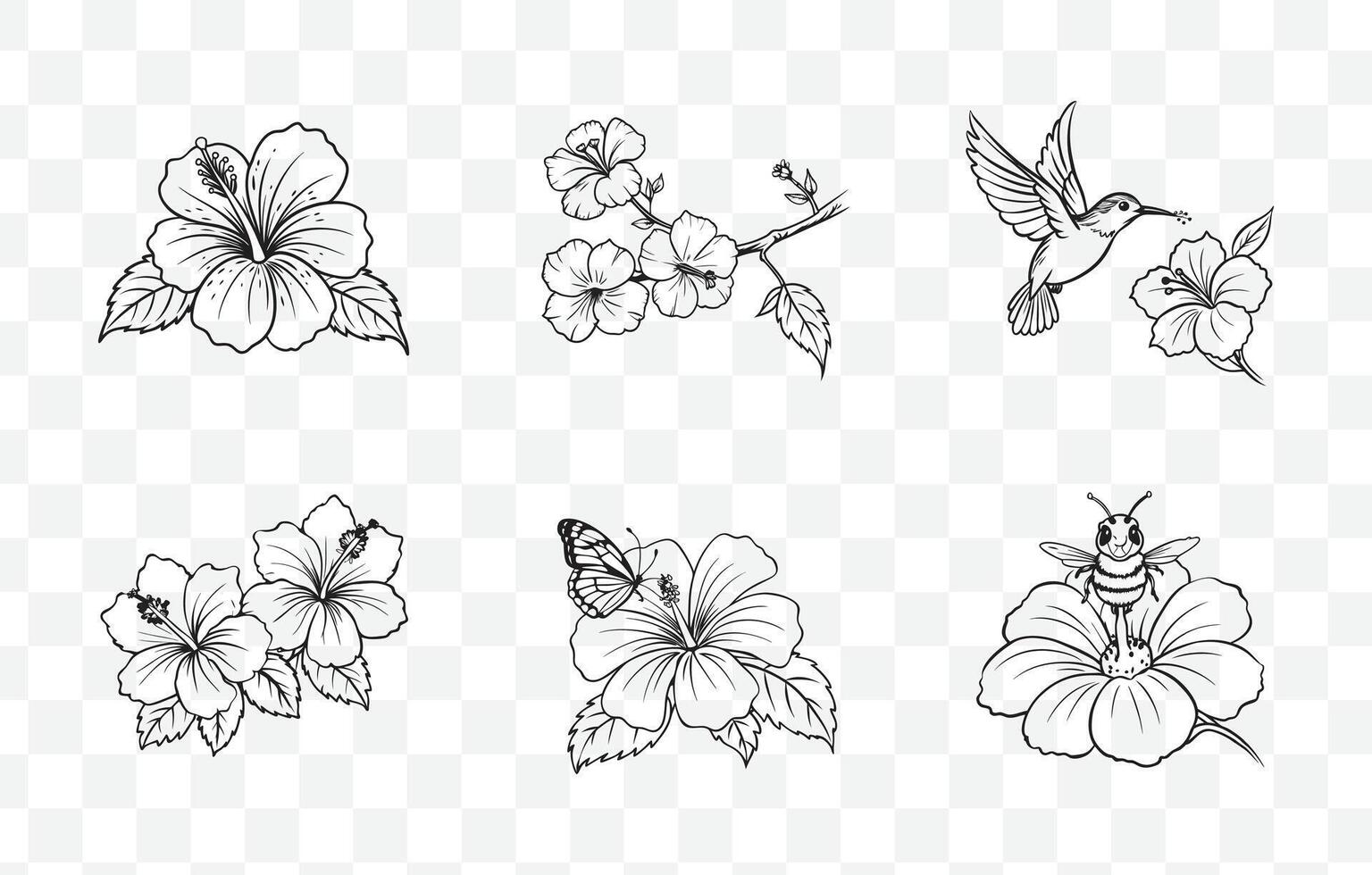 Print Elegant Hibiscus Line Art Set Perfect for Floral Design and Botanical Illustrations vector