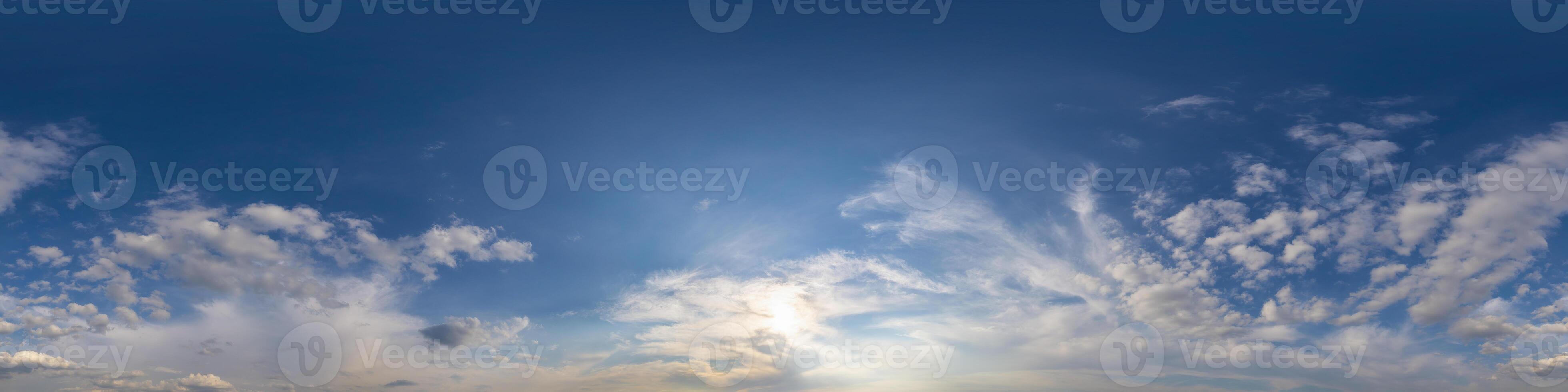 Dark blue sunset sky panorama with golden Cumulus clouds. Seamless hdr 360 panorama in spherical equirectangular format. Full zenith for 3D visualization, sky replacement for aerial drone panoramas. photo