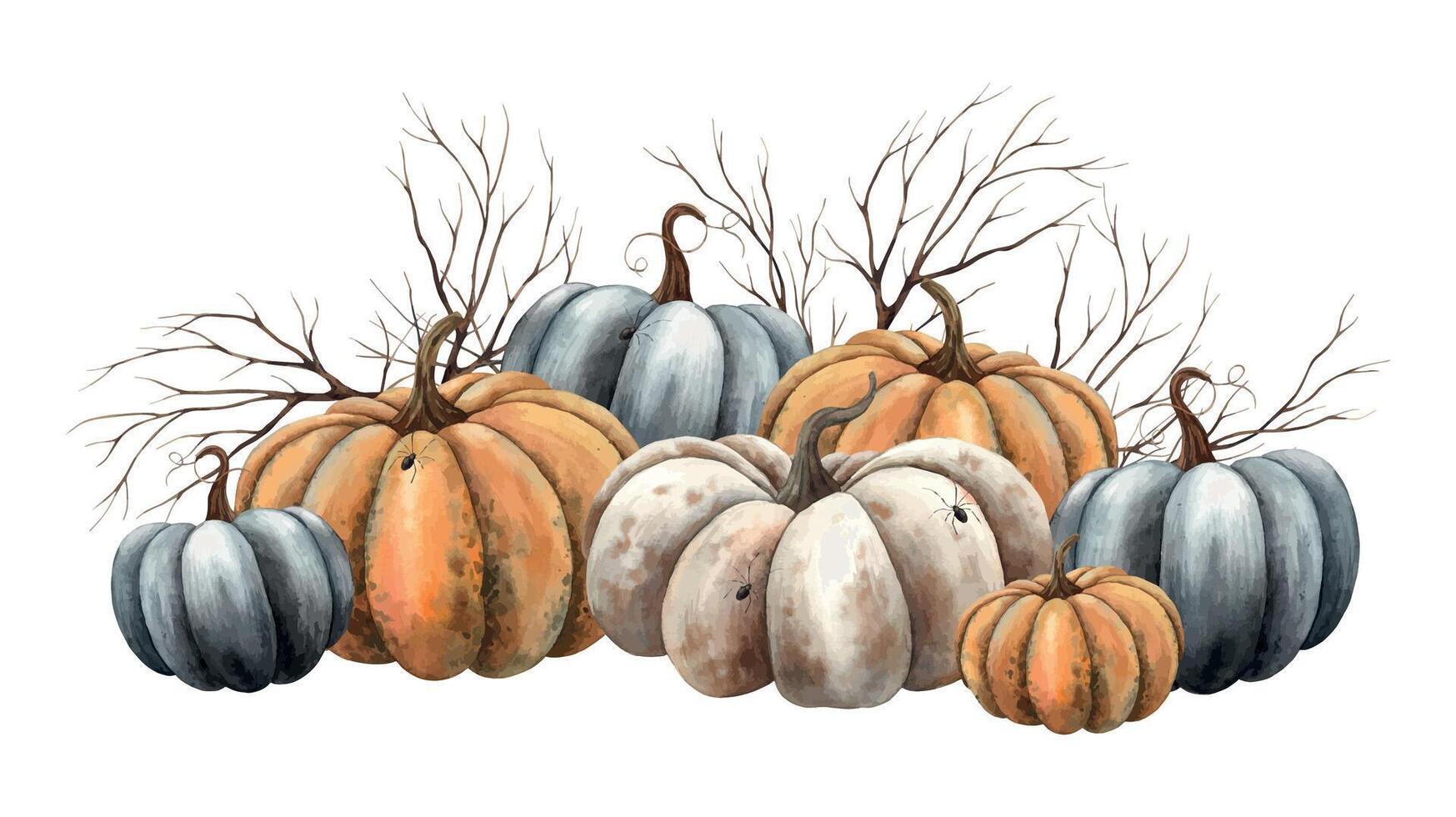 Pumpkins orange, black, white, dry branches. Hand drawn watercolor botanical illustration in mystical style. Suitable for design decoration, cards, autumn posters, Thanksgiving, Halloween, witchcraft. vector