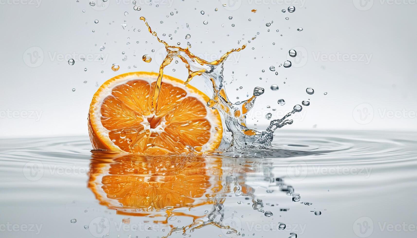 Orange slices in water smooth surface. Bright upright on wet surface photo