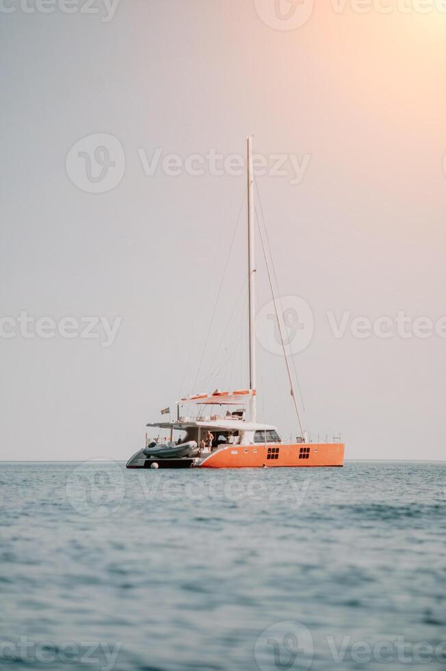 yacht on calm sea. Luxury cruise trip. View from above of white photo