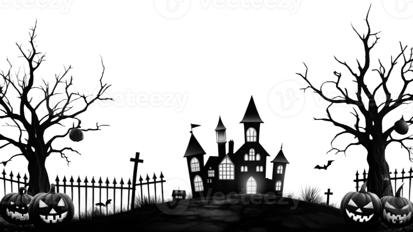 halloween background black and white with pumpkins and bats png
