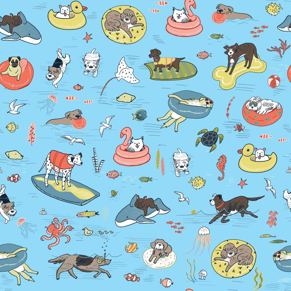 Funny dogs in the swimming pool seamless summer pattern. vector