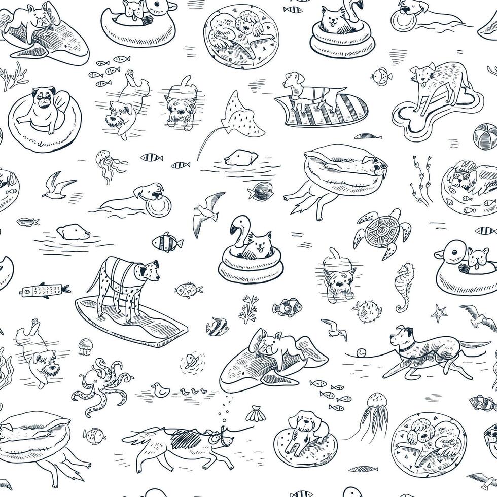 Funny dogs in the swimming pool seamless summer pattern. vector